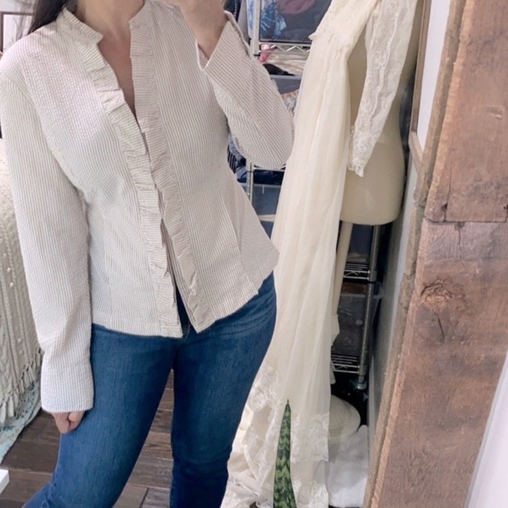 Live a Little tan and white striped jacket size medium